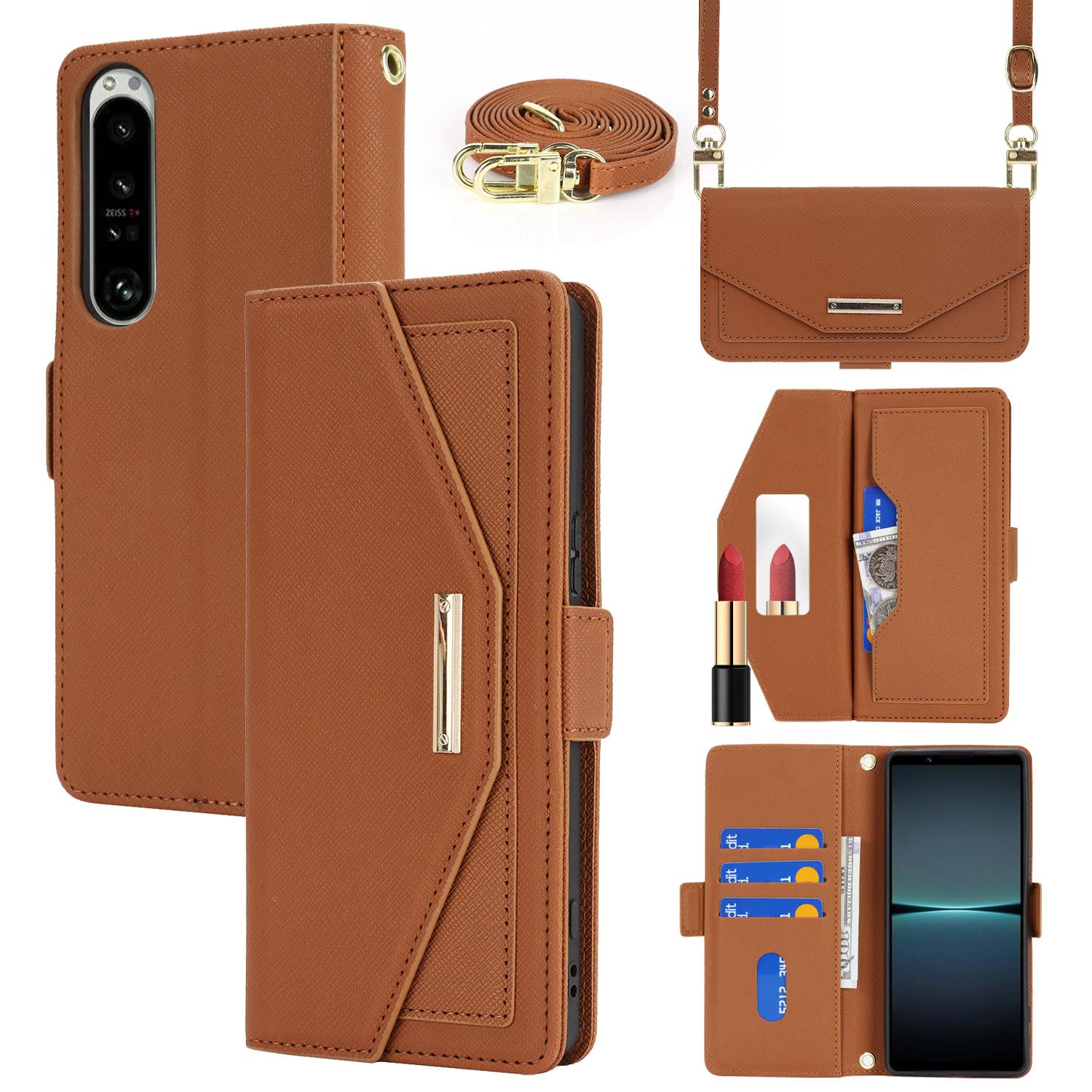 

Чехол-подставка для Sony Xperia 1 IV 5G, кошелек из искусственной кожи с текстурой крест-накрест, чехол для телефона с плечевым ремнем/зеркалом для макияжа Brown