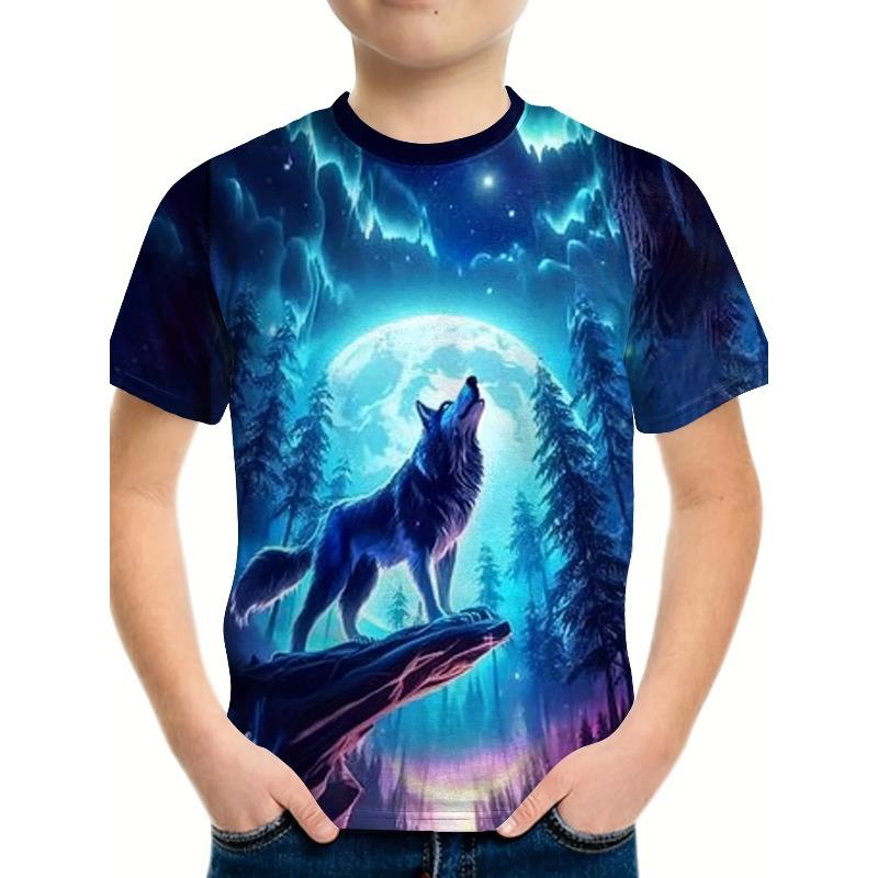3D Wolf Printed T-shirts Fashionable Casual Short Sleeved Children's Boy T-shirts - Soft Medium Stretch Polyester Fabric Summer Relaxed Fit Clothing
