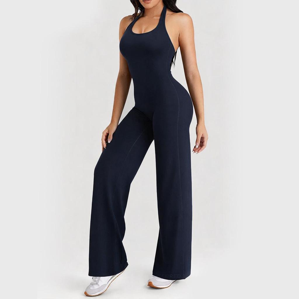 European Backless Wide-Leg Yoga Jumpsuit with Built-in Bra