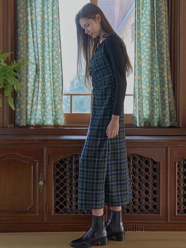 AVANT-G Tartan Check Shirring Dress - Green