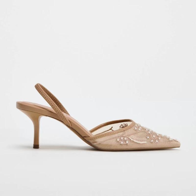 Foreign Trade Spring New Product Pointed Head Bag Head Empty Solid Color Embroidered Mesh Fine High Heel Muller Shoes