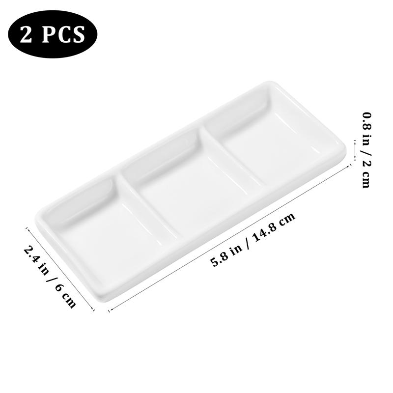 2pcs 6 Inch Pure White Ceramic 3-Compartment Appetizer Serving Tray Rectangular Divided Sauce Dishes for Spice Dish Soy Sauce