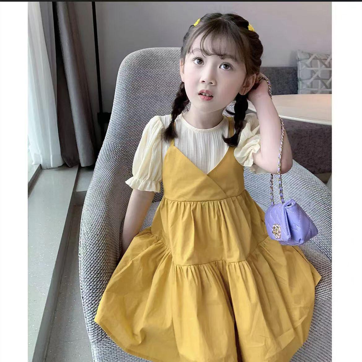 

2024 Лето Корейский Стиль Девочки Платье Принцессы Из Двух Частей и Юбка На Подтяжках 110 cm синий