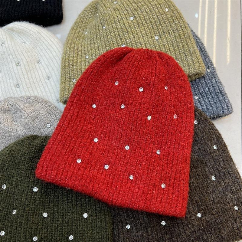 Full Rhinestone Heavy Industry Custom Drill Warm Wool Wool Hat Women's Autumn and Winter Versatile Double-layer Thickened Knitted Cold Hat Tide