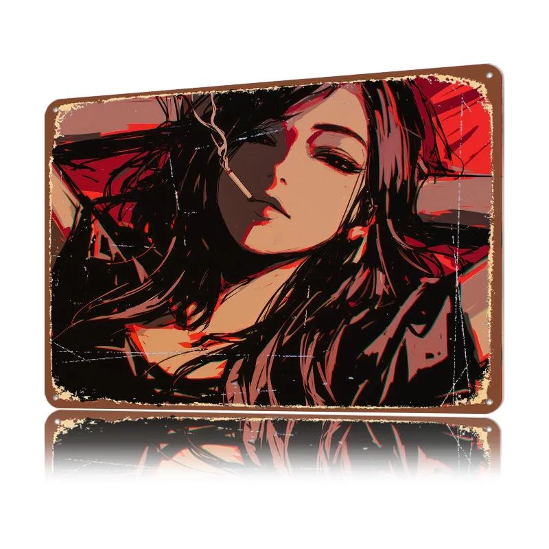 Anime Girl Smoking D Printed Texture Poster Personalized Wall Art Retro Metal Tin Signs for Home Decoration Gaming Wand Deko