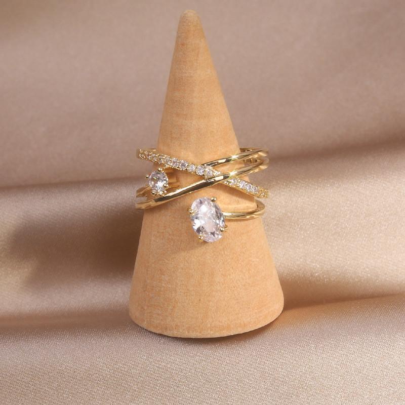Korea  Design Fashion Jewelry 14K Real Gold Plating Multilayer Zircon Ring Elegant Women's Opening Adjustable Ring