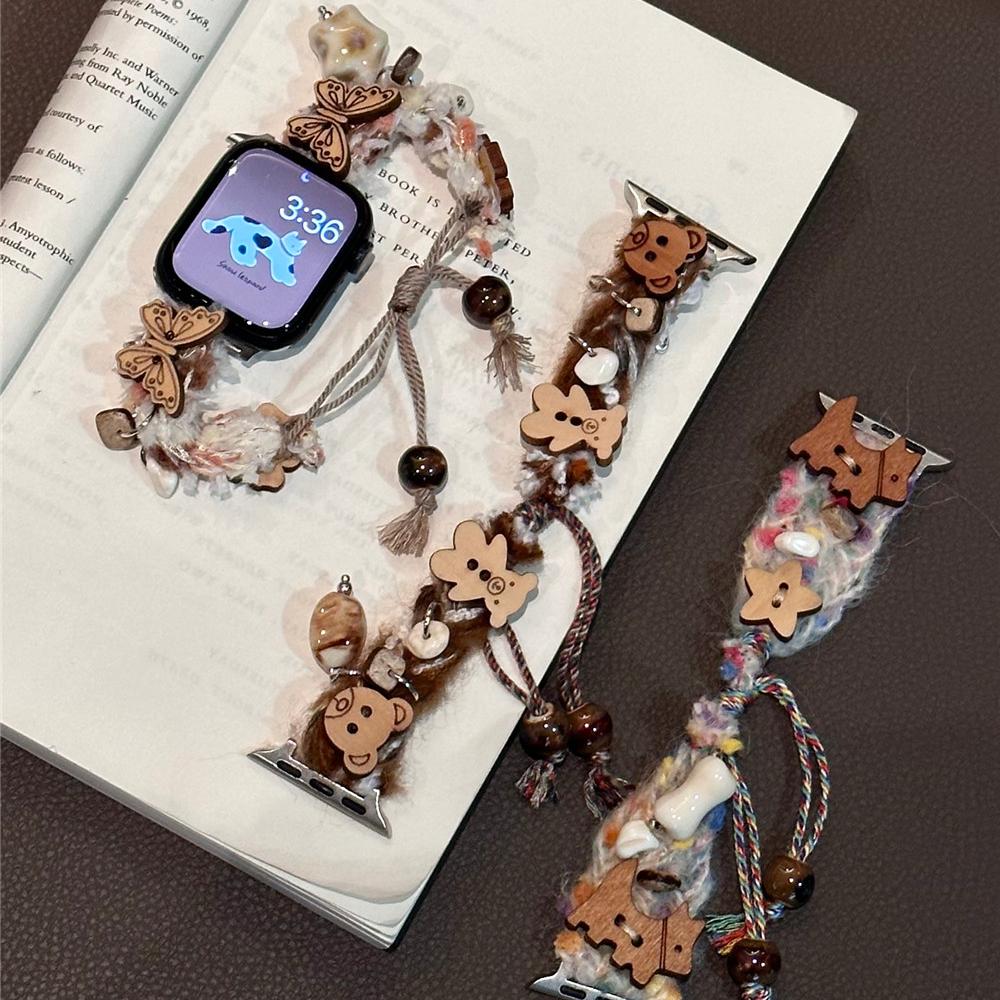 Śliczny pluszowy drewniany pand do Apple Watch Series 9 8 7 6 5 4 3 2se pasek do zegarka do IWatch Ultra 2 49mm 45 41mm 40 44mm bransoletka