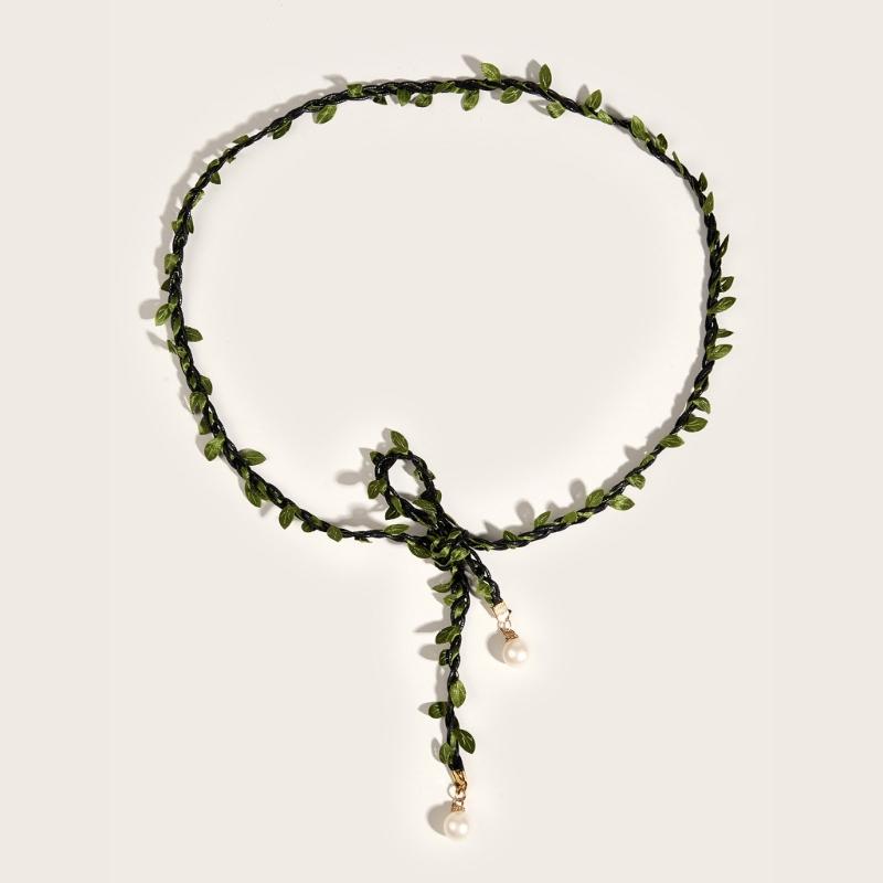 Green Leaves Thin Waist Belt Women Adjustable Belt with Pearl Pendant Belt
