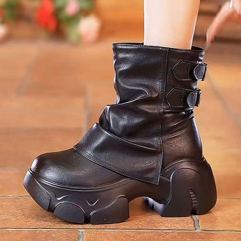 Height Increasing Pile Middle Tube Boots For Women,  Autumn Winter New Fashion Versatile Short Boots, Thick Soled Snow Boots