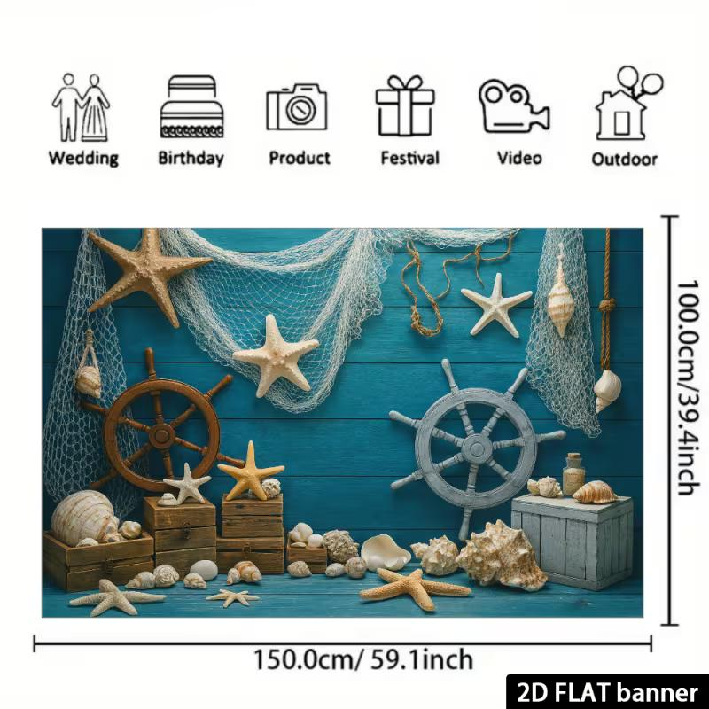 2D Nautical Starfish Seashell Backdrop - Blue Wood Wall Photography Background Banner for Summer Party