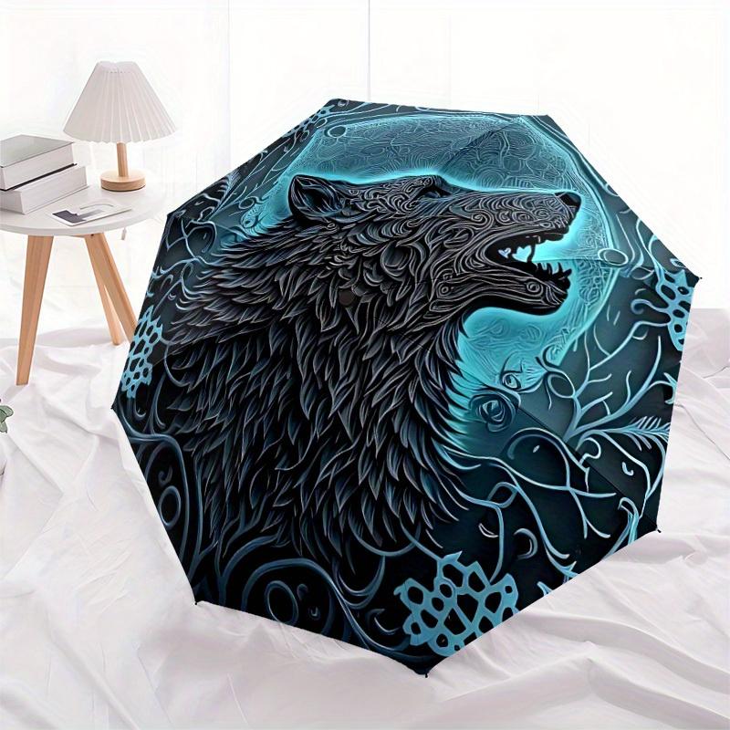 1pc Wolf Moon Compact Travel Umbrella, Automatic Folding Lightweight Windproof 8-Bone Reinforced Design, Portable for Backpack Durable Canop