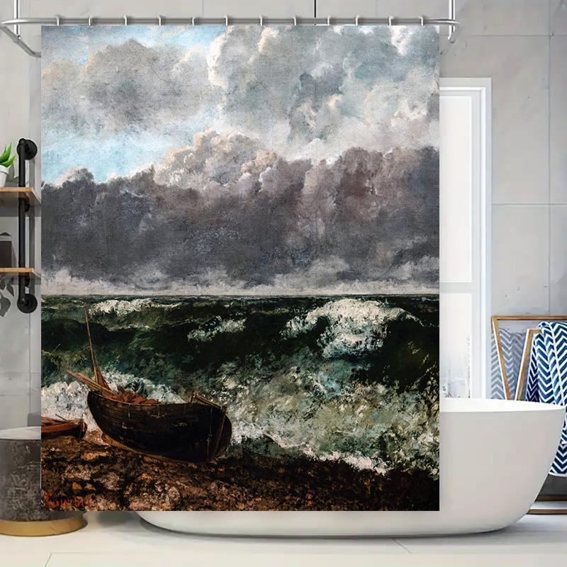 

Modern Bath Curtain Waterproof Print Boat Clouds Decorative Shower Curtain For Home Bathroom Black Grey White Colorful Artistic W60H190(CM)-1 Pcs