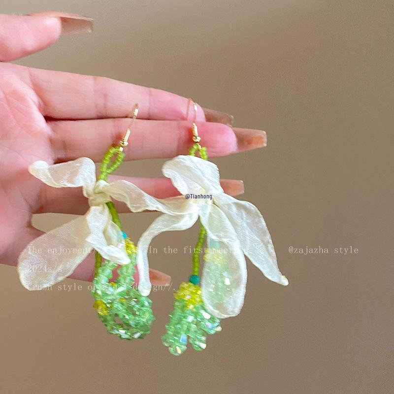 Green Island Beaded Flower Earrings: Spring Dopamine Style, Exaggerated Beach Vacation Jewelry for Women