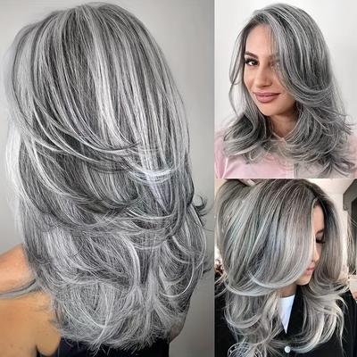Synthetic Grey Long Layered Wigs for White Women Silver Curly Wig Natural Highlighter Hair Sexy Halloween Costume Wig