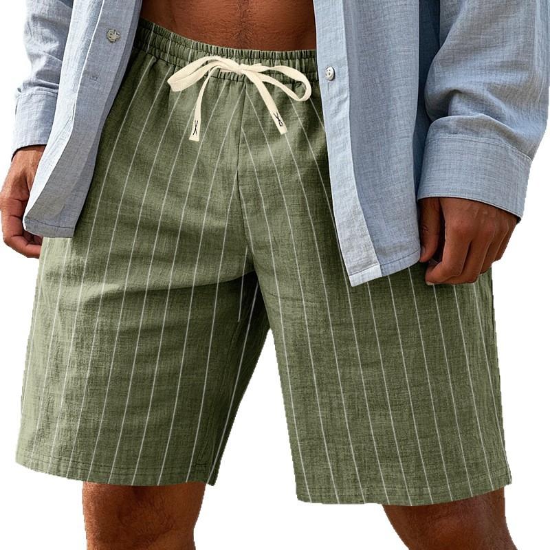 Summer Loose Beach Linen Breathable Vertical Striped Jacquard Tie Men's Trendy 5-point Shorts Men