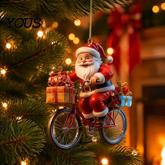 Small Festive Gift for Family 2Pcs Christmas Santa Riding Bicycle Acrylic Hanging Ornament, Car Exquisite Holiday Party Favors Interior Rearview