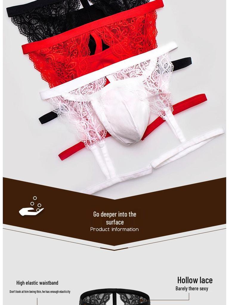 Men's Lace Suspender Garter Thong with Bulge Pouch and T-Back