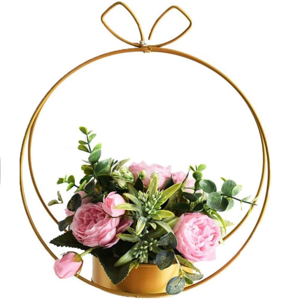 Centrotavola con ghirlanda ad anello, portacandele, centrotavola in ferro battuto, cestino per composizioni floreali, scatola per imballaggio di fiori, ghirlanda ad anello di fiori, portacandele dorato