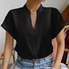Women Solid Folds PU Leather Button Turn Down Collar Bodycon Working Black Blouse Tops