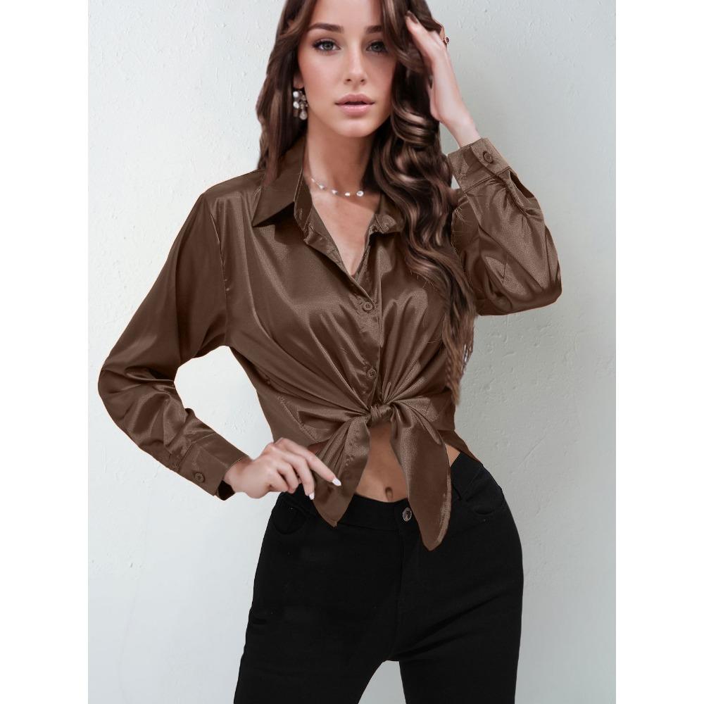 GMXIA Sateng Silkelignende Langermet Ensfarget Skjorte for Kvinner, Elegant Knappedetalj foran med Krage