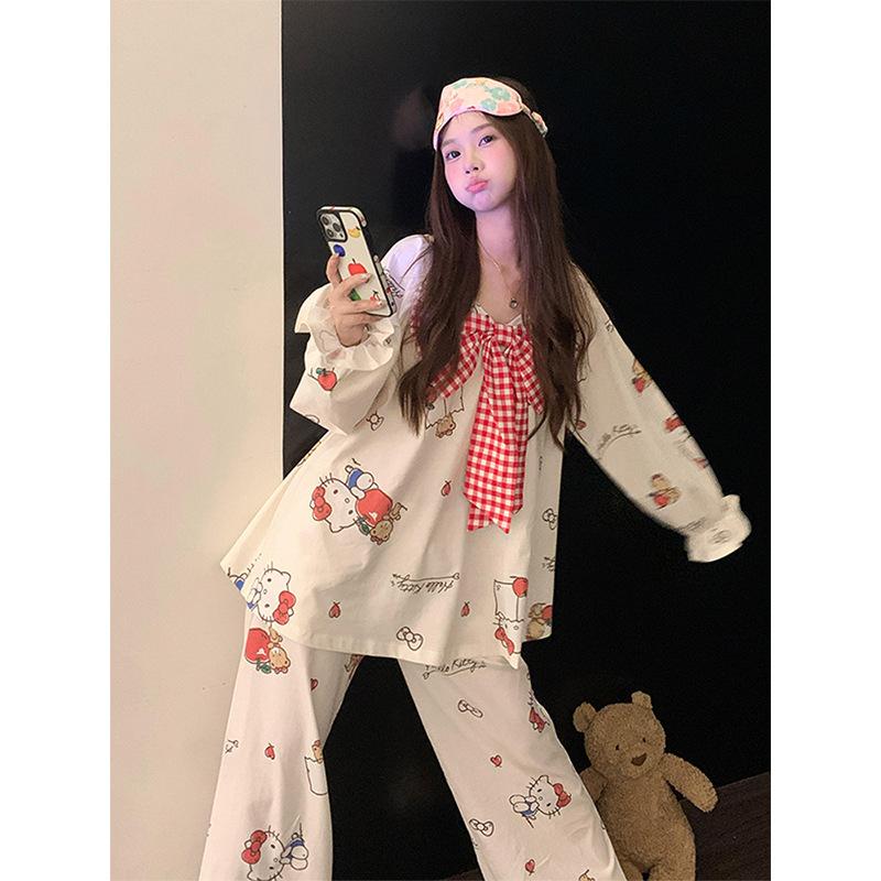 

Japanese cute bow print pajamas women s summer sweet girl large size long-sleeved trousers loungewear spot S
