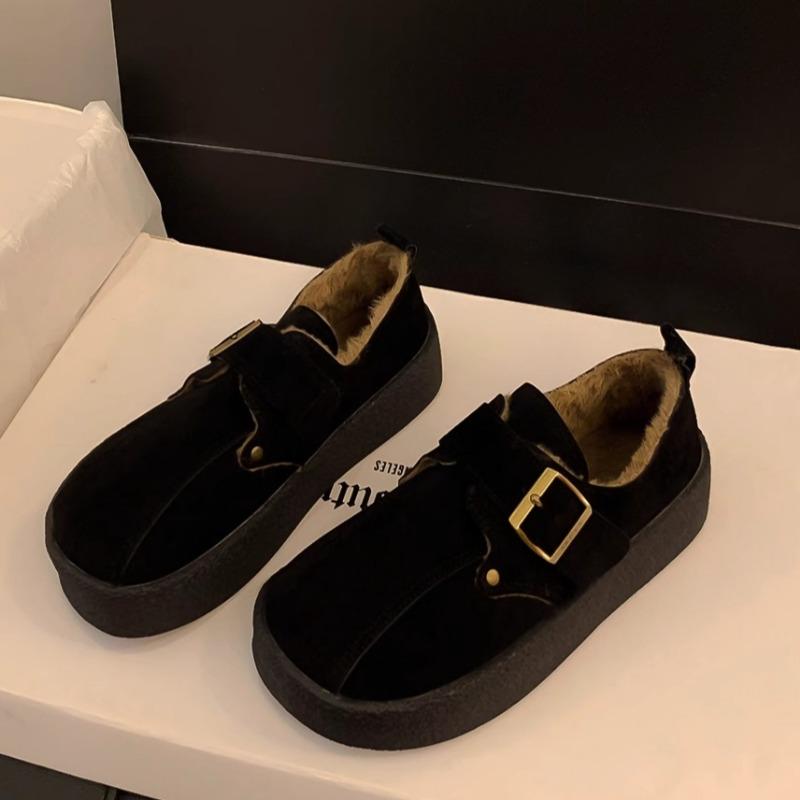 Fashion Women's Thick Sole Cotton Shoes Winter New Round Head Deep Mouth Suede Metal Buckle Anti-slip Wear-resistant Flat Shoes