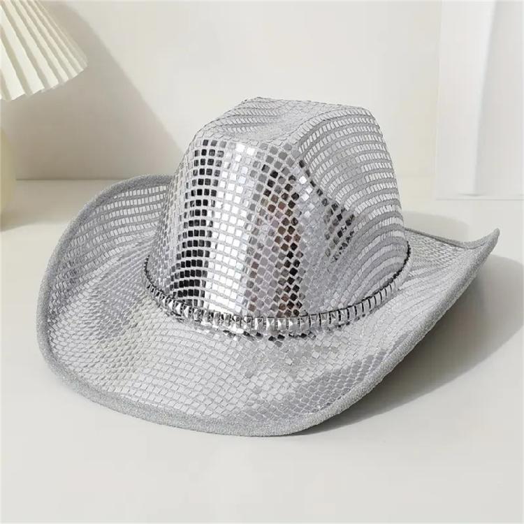 Disco Theme Cowboy Cap with Shining Sequins Cosplay Event Wide Brims Hat for Family Party Gathering Music Festival Props