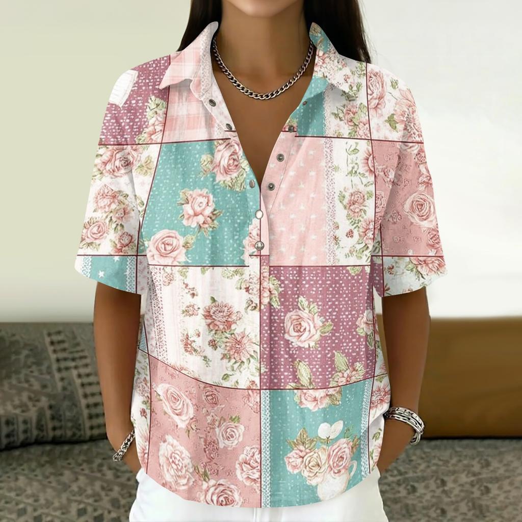 Women's Vintage Floral Print Button Down Shirt Short Sleeve Loose Fit Collared Top Made with Linen Blend Fabric Casual Summer Blouse