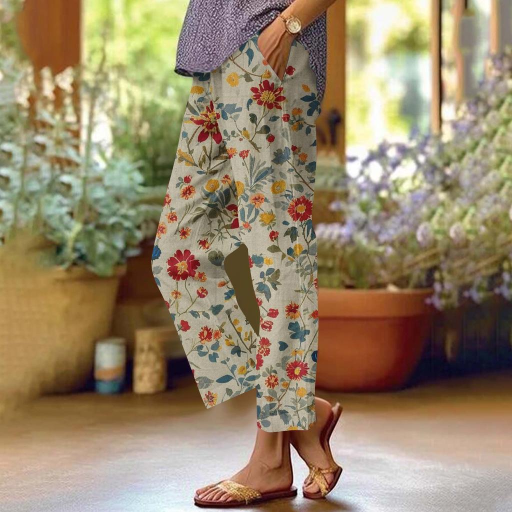 Damen Casual Mode Hosen mit Blumendruck Gerades Bein Hosen mit Taschen