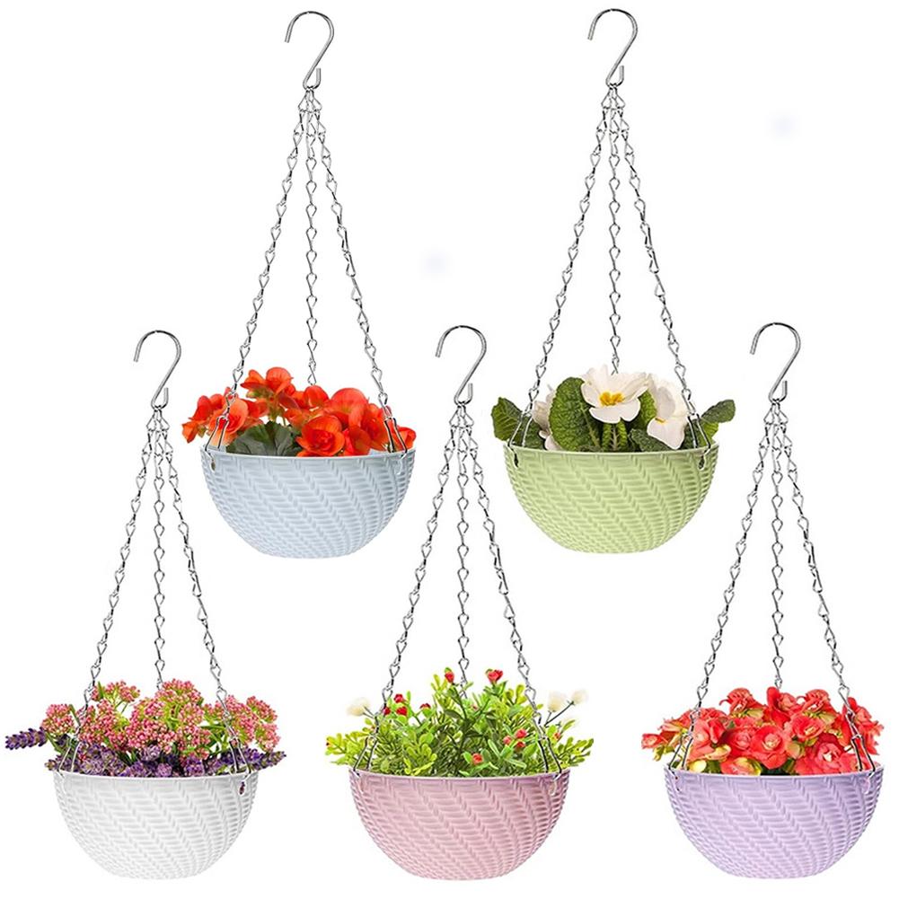 Plastic Hanging Basket with Drainage Holes and Rustproof Triple Chain for Indoor Outdoor Plants White Blue Pink Green Purple
