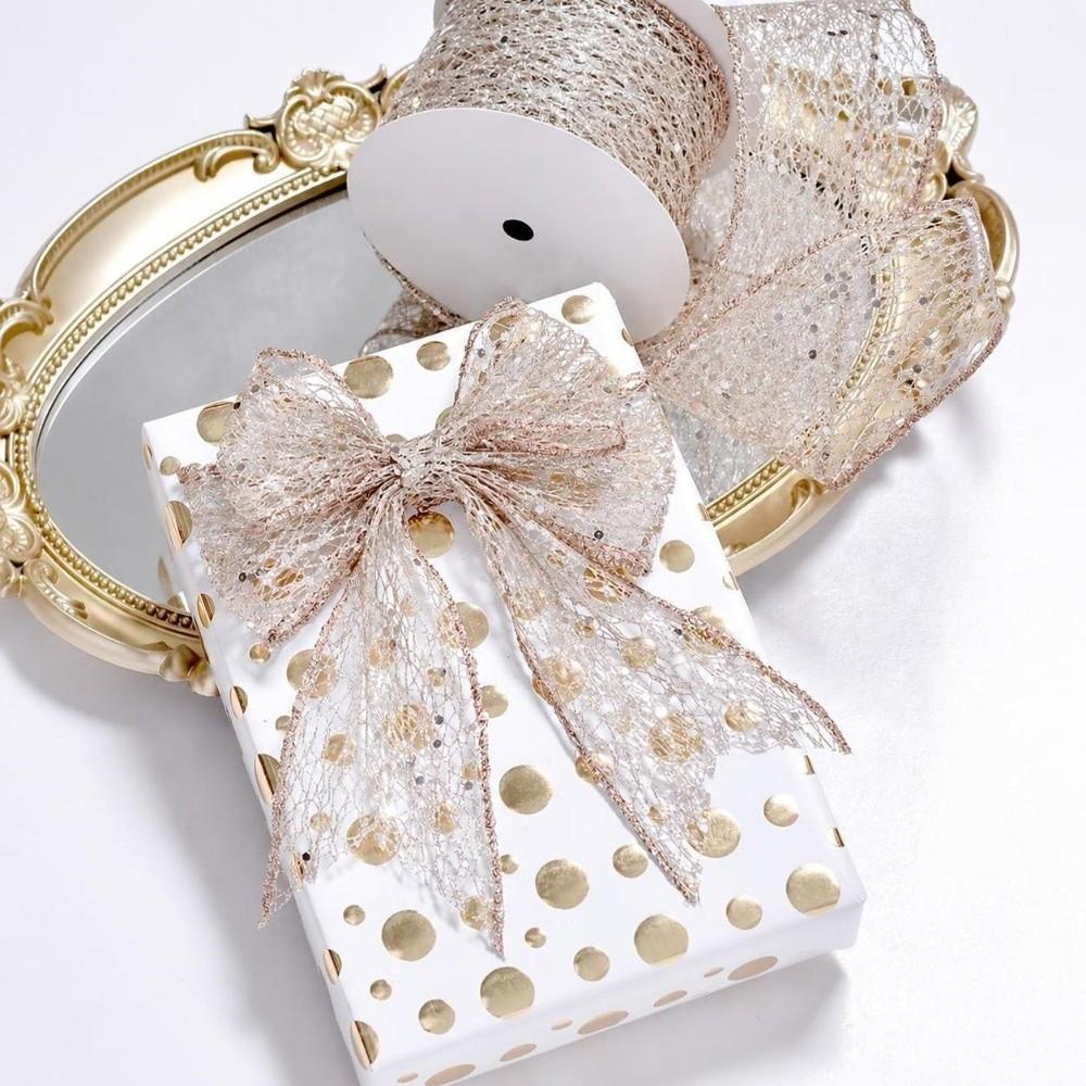 10 Yards/Roll Wired Edge Ribbon Glitter Sequins Organza Ribbon  Christmas Tree Decor