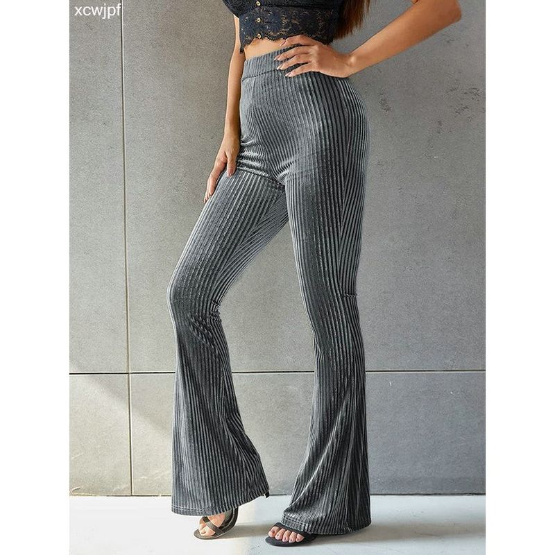 Graceful Personality New Arrival European and American Women's Clothing Fashion Sexy Pure Color High Waist Pleuche Sunken Stripe Bell-Bottom Pants