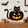 Easy to Apply Seasonal Wall Stickers Halloween Pumpkin Sticker, Black Cat on with Flying Bats Decal, Removable PVC Art for Living Room Waterproof Peel