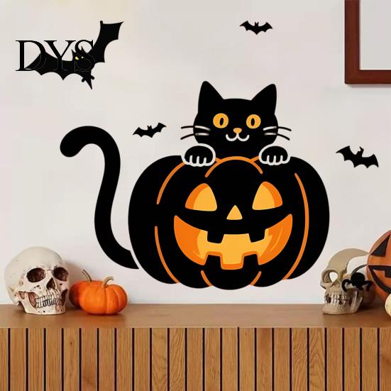 Easy to Apply Seasonal Wall Stickers Halloween Pumpkin Sticker, Black Cat on with Flying Bats Decal, Removable PVC Art for Living Room Waterproof Peel