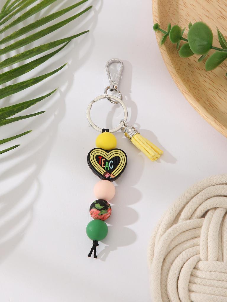Silicone Beaded Bracelet Keychain with Tassel