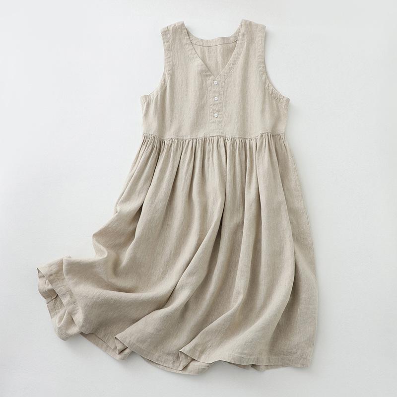 

Women s Spring/Summer V-neck Tank Dress: Youthful, Boho-Chic Linen Sleeveless Dress XS