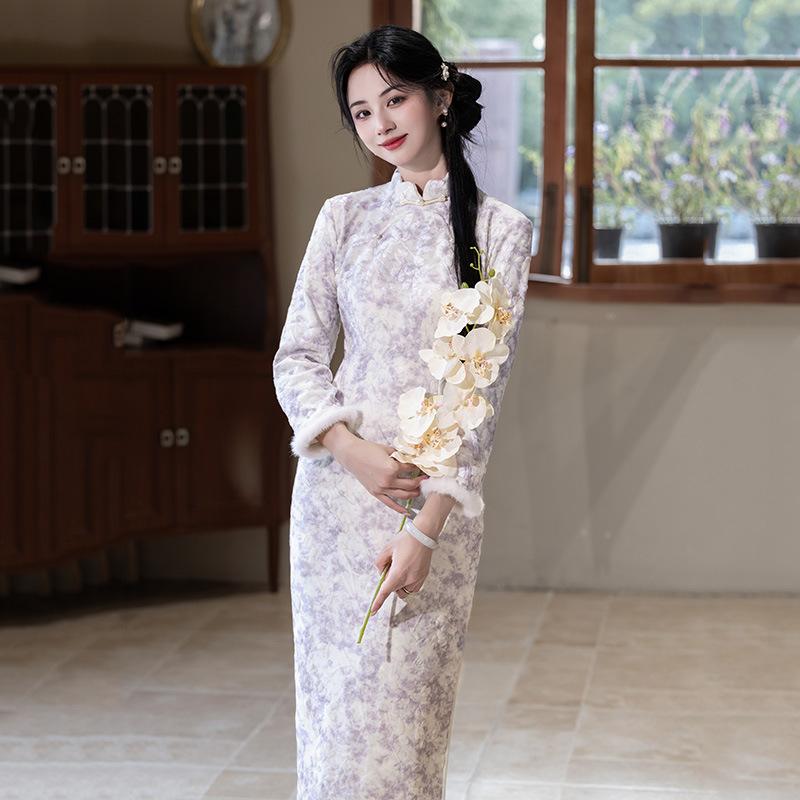 Purple velvet national style Suzhou long-sleeved improved cheongsam winter thick women's new Chinese 1011 new retro autumn and winter