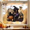 Witch Black Cat Pumpkin Skull Decals Halloween Witch/Black Glass Stickers, Double-sided PVC Waterproof Window Clings, Removable Static Holiday