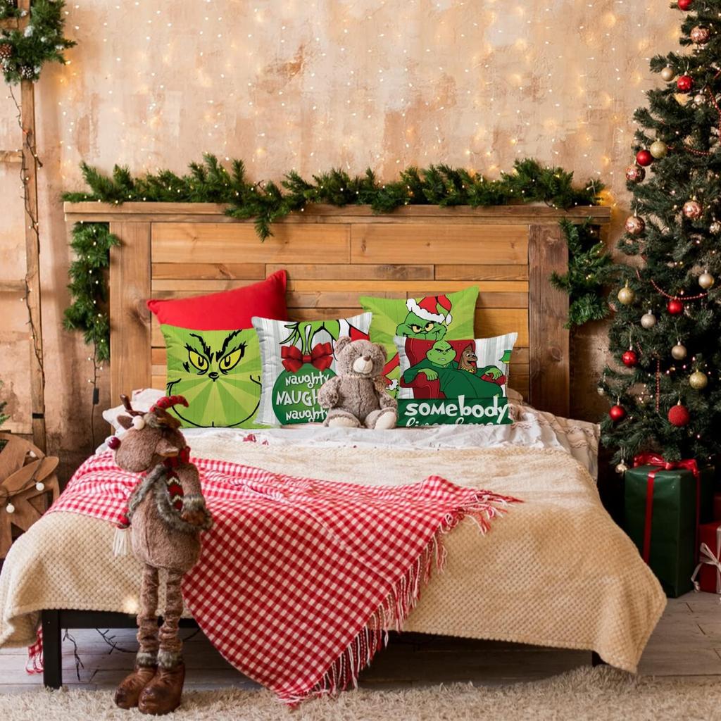 Hollyhorse Merry Grinchmas Pillow Covers 18x18 Set of 4 Cushion Case for Sofa Couch Decoration