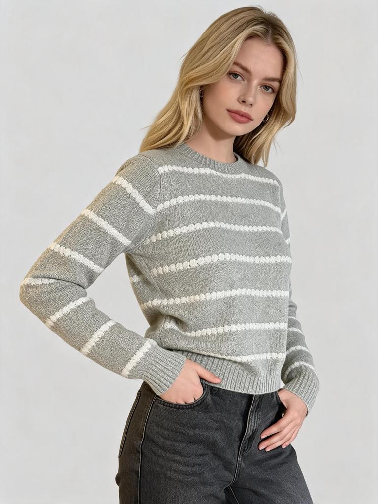 Autumn New Striped Knit Sweater for Women, Crew Neck Long-sleeve Sweater, Loose Versatile Top, European and American Style Fashion Set