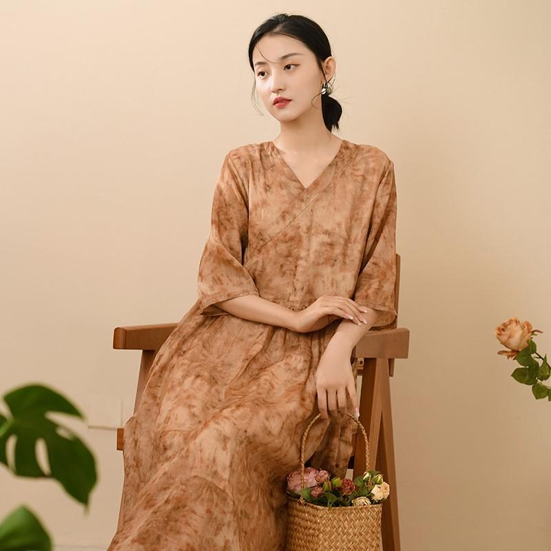 Johnature Women Vintage Print Floral Dress High Quality V-Neck Half Sleeve Robes Summer Women A-Line Dress