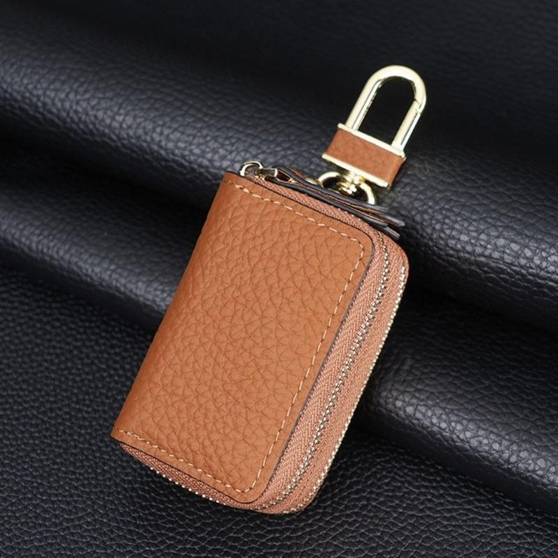 Leather Car Key Fob Case Cover Keychain Zipper Bag Protector Double Layer Pouch