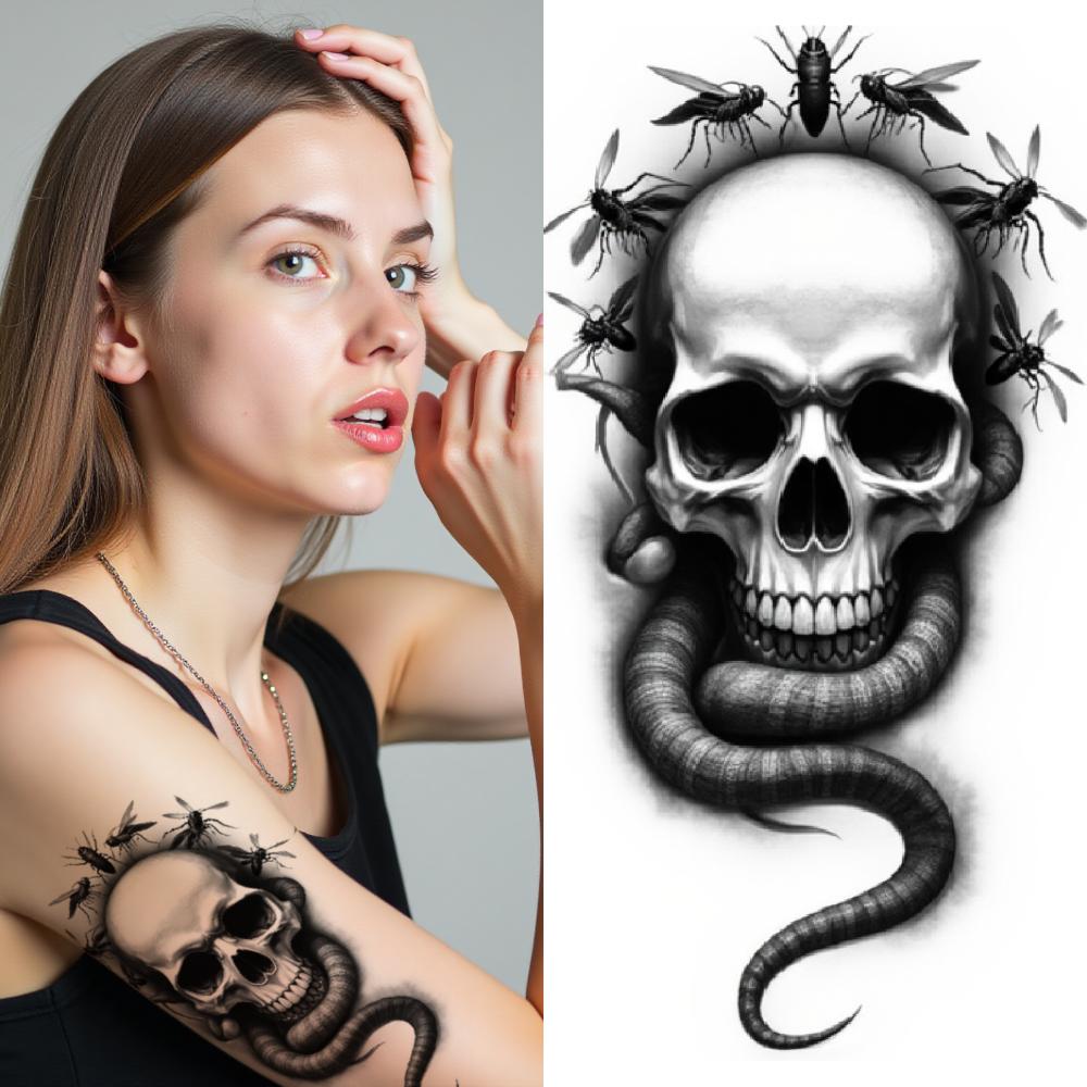 3pcs Temporary Tattoo Waterproof Long-lasting Body Stickers Skull With Snakes Skeletal Crow Skeletal Raven For Thighs Arms