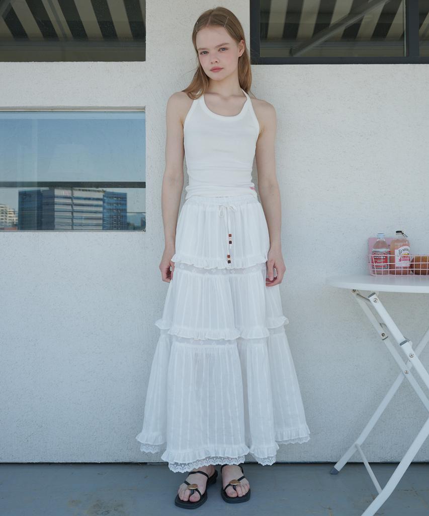 Opening Sunshine Lace Contrast Tiered Cotton Maxi Skirt White