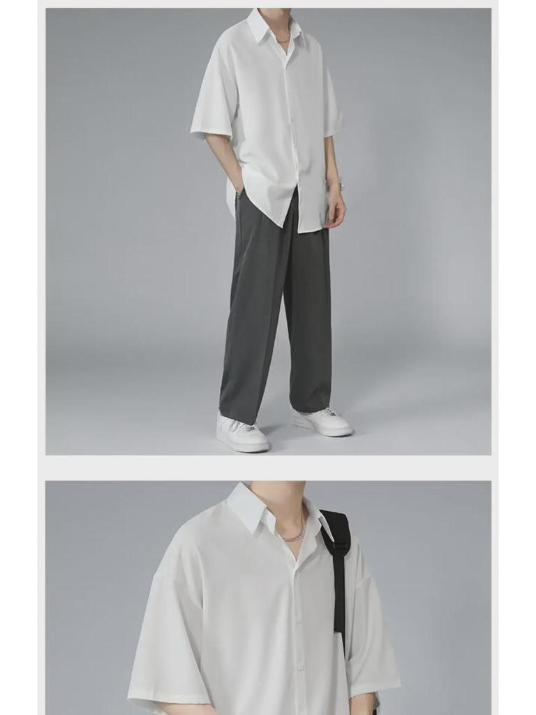 Men's Black Ice Silk Loose-Fit Short-Sleeve Shirt, Korean Style, Casual Summer Wear