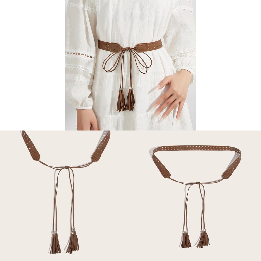 Vintage Street Style Pu Leather Belt For Women With Tassel And Metal Buckle