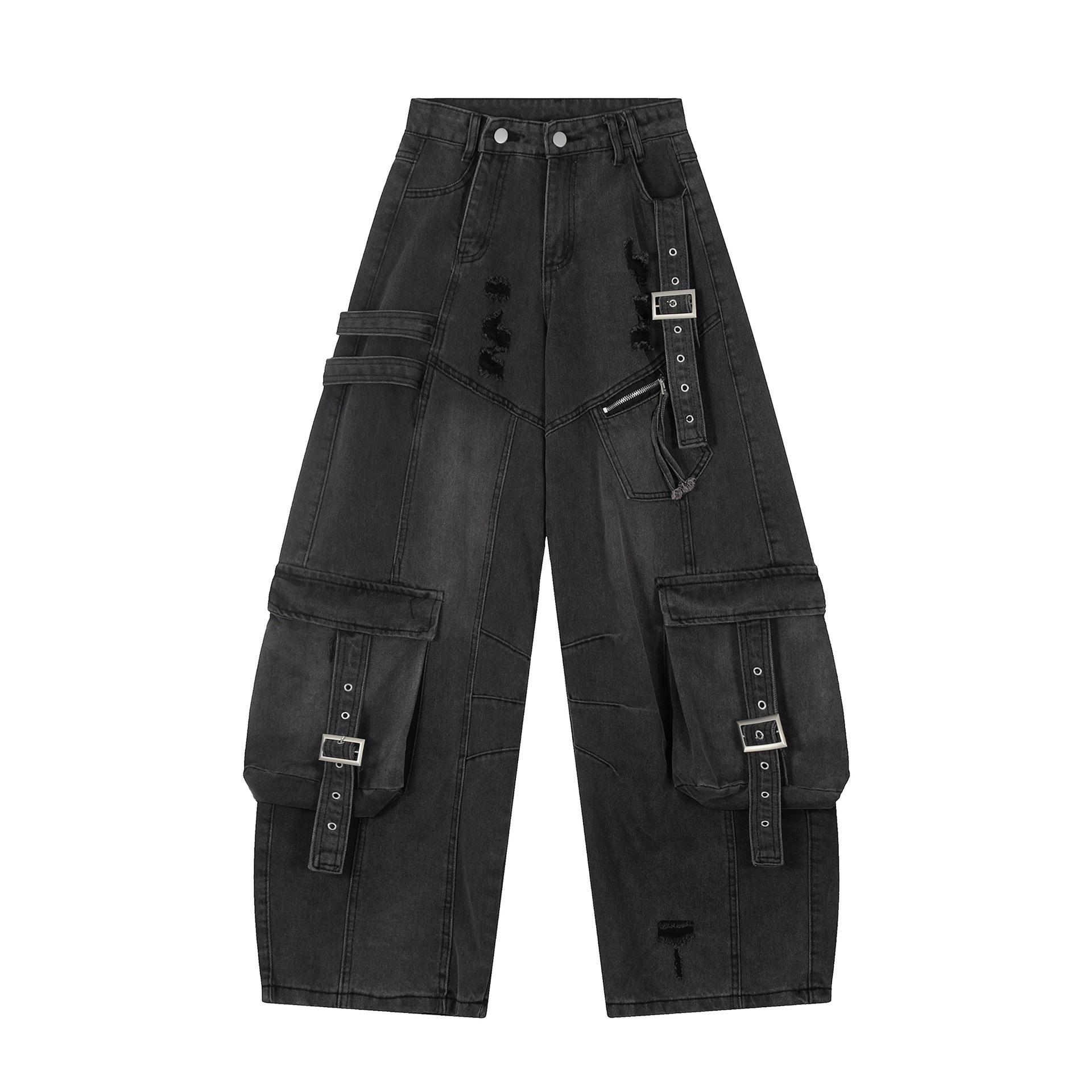 

Унисекс Джинсы прямого кроя с широкими штанинами и множеством карманов - Трендовый, дерзкий, уличный стиль с рваным дизайном L чёрный