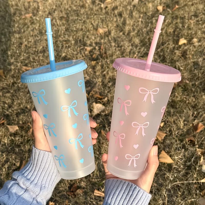 20Pcs Bowknot Plastic Cup with Straw Lid for Ice Coffee Juice Tea Plastic Cup Portable Drinking Bottle Valentine's Day Gift