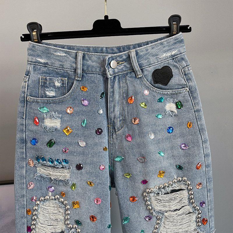 European Style High Waist Loose Fit Jeans Shorts with Colorful Diamond Inlaid Holes Summer Fashion Women's Pants