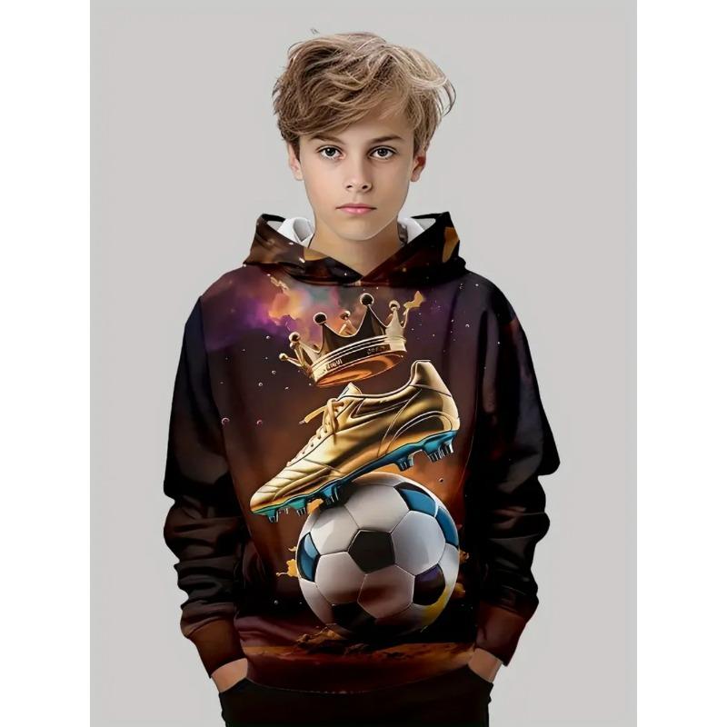 Boys' 3D Soccer Ball Harajuku Print Hoodie Casual Polyester Long Sleeve, Slight Stretch, Hooded Outdoors Sweatshirt for Running